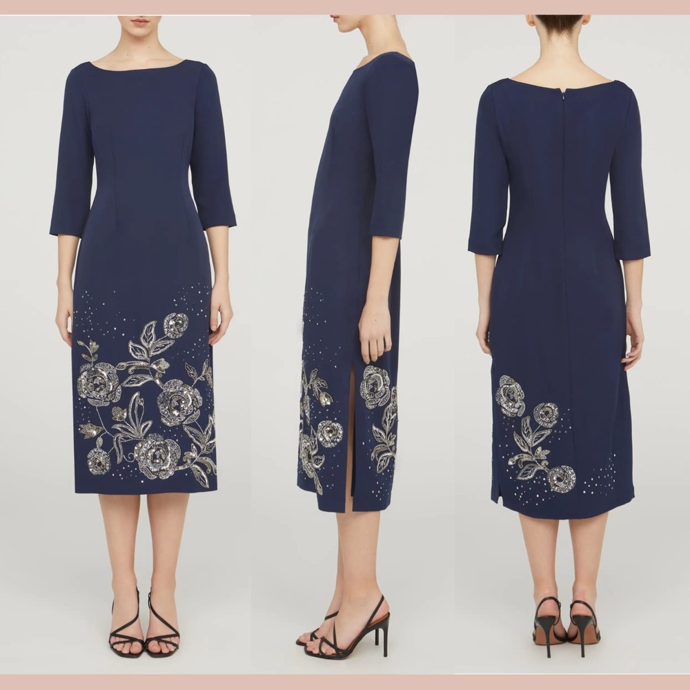 NWD JS Collection [ 6 ] Delilah Floral‎ Beaded Cocktail Midi Dress Navy S2082